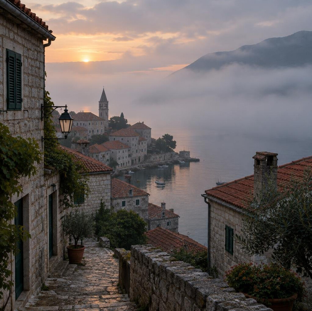 Foggy Croatian coastal town with stone houses