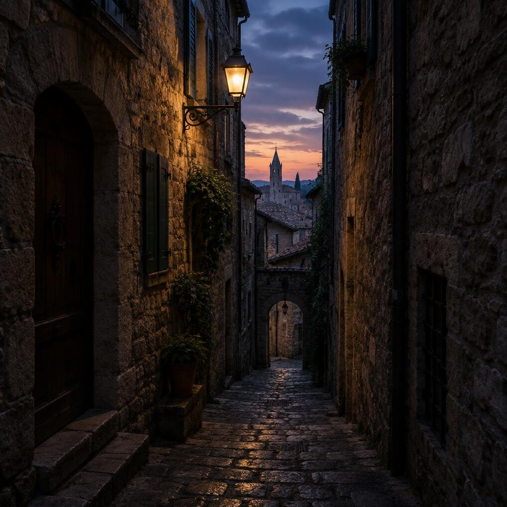 Narrow dark alley between old stone buildings