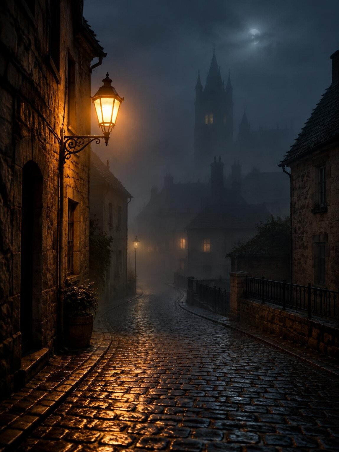 Foggy cobblestone street at night with a glowing lamp