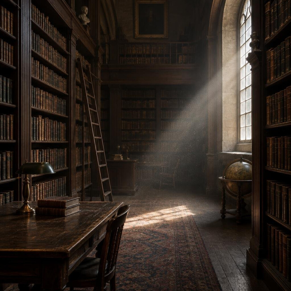Old dusty library interior with tall bookshelves