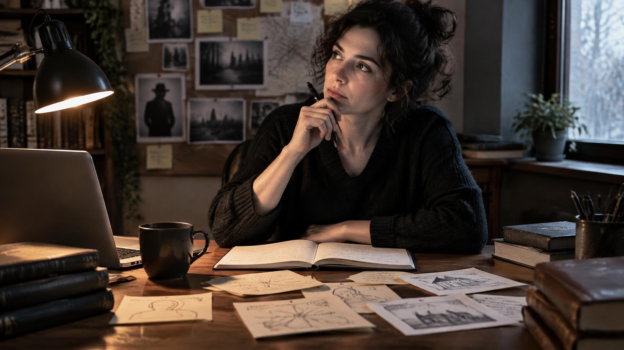 mystery writer at desk