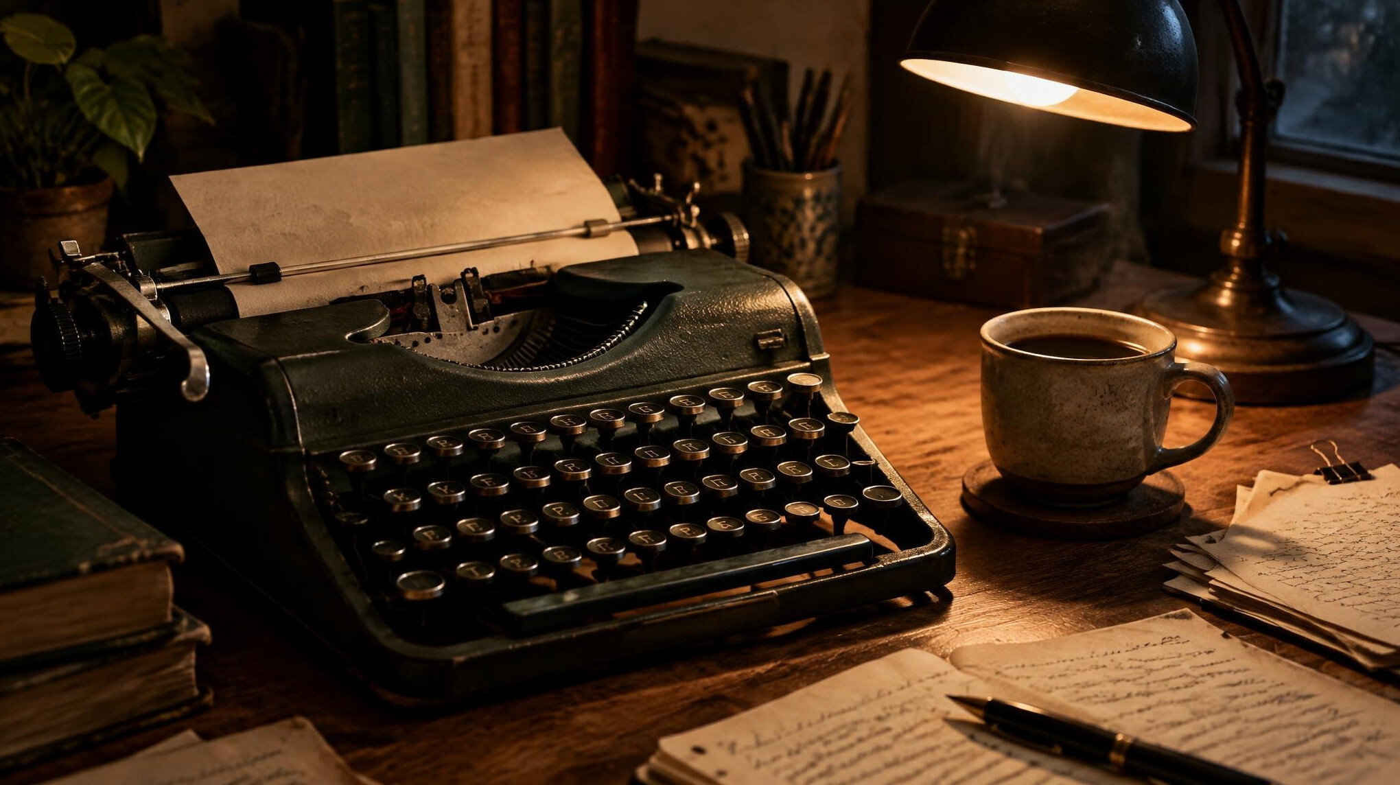 Vintage typewriter on a wooden desk with notes and coffee