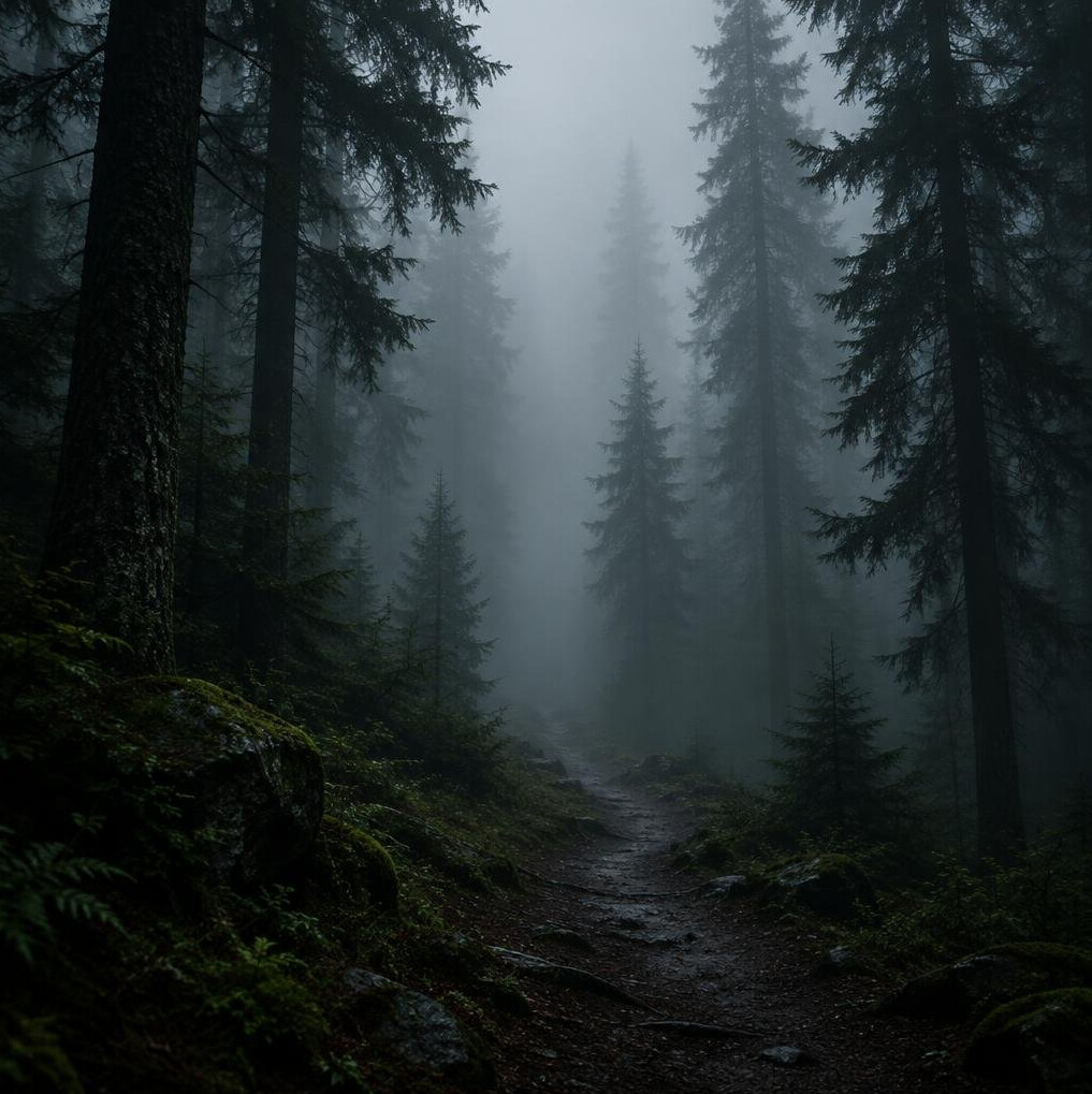 Foggy dark forest path with pine trees