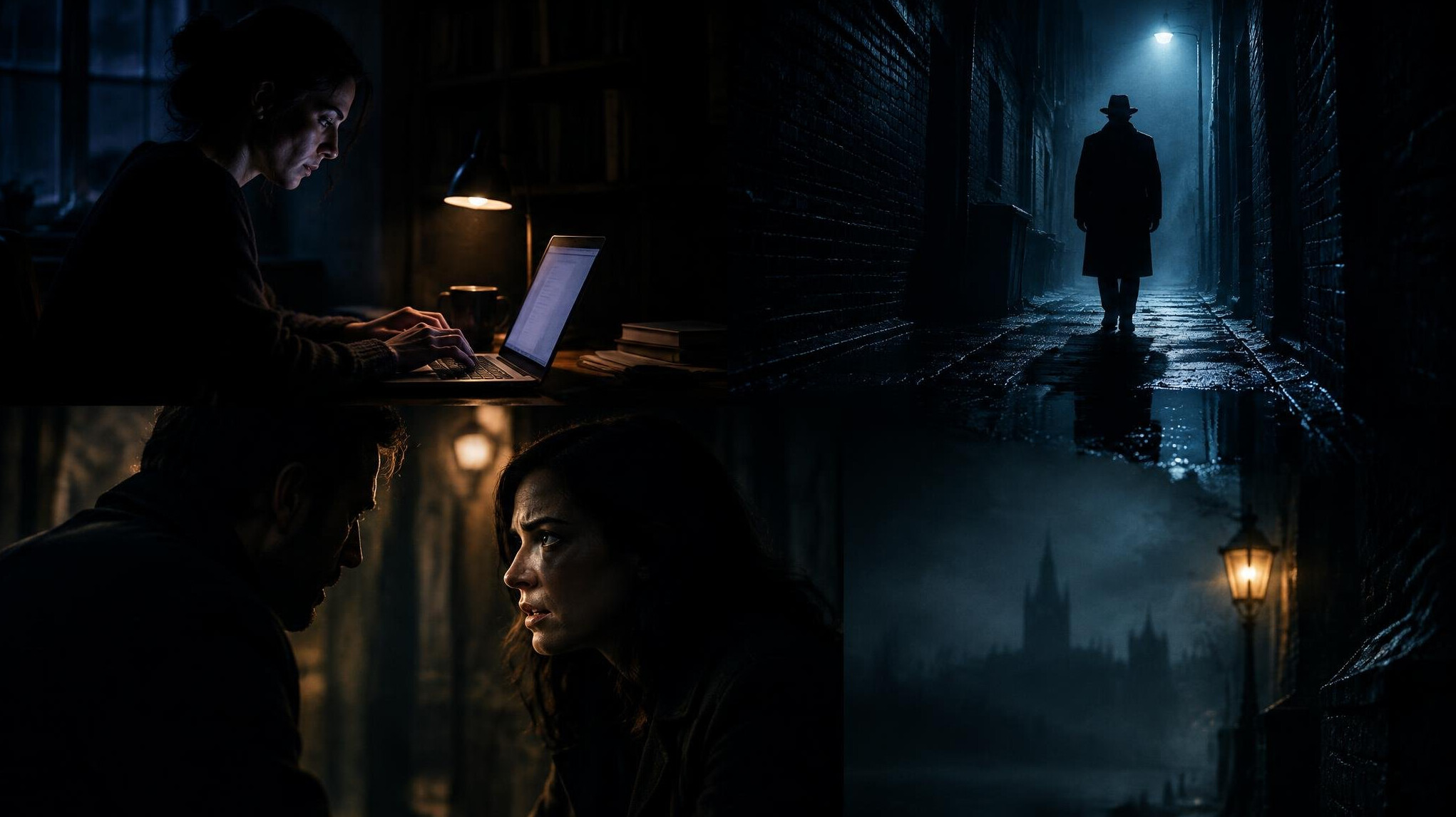 writer typing on laptop in dark room